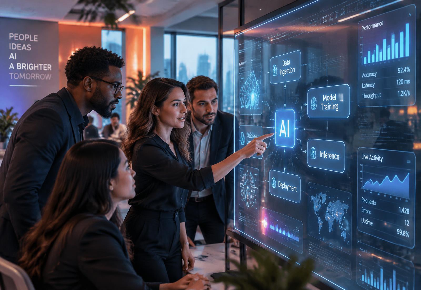Team reviewing an AI workflow dashboard
